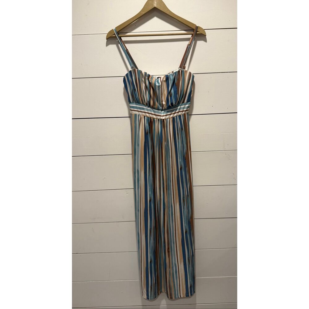 Soma Striped Maxi Dress Small Blue Brown White Strapless w/ Removable Straps Str